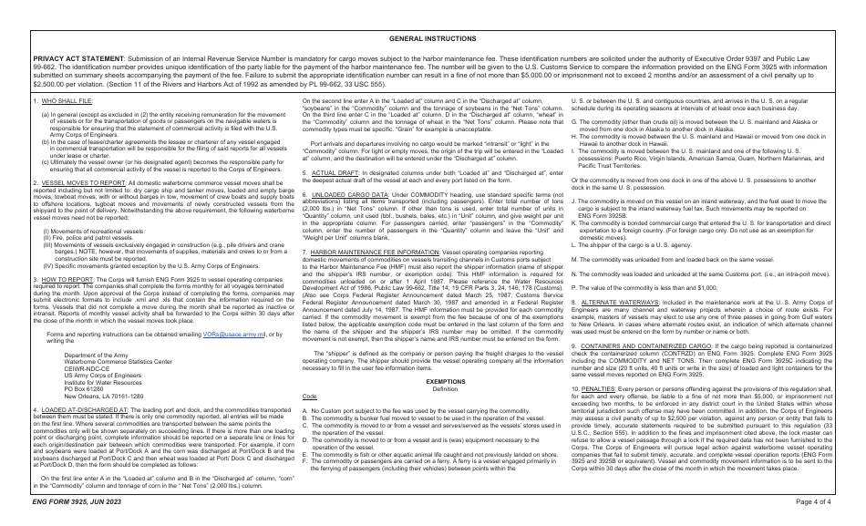 ENG Form 3925 Vessel Operation Report - Statement of Freight and Passenger Carried, Page 4