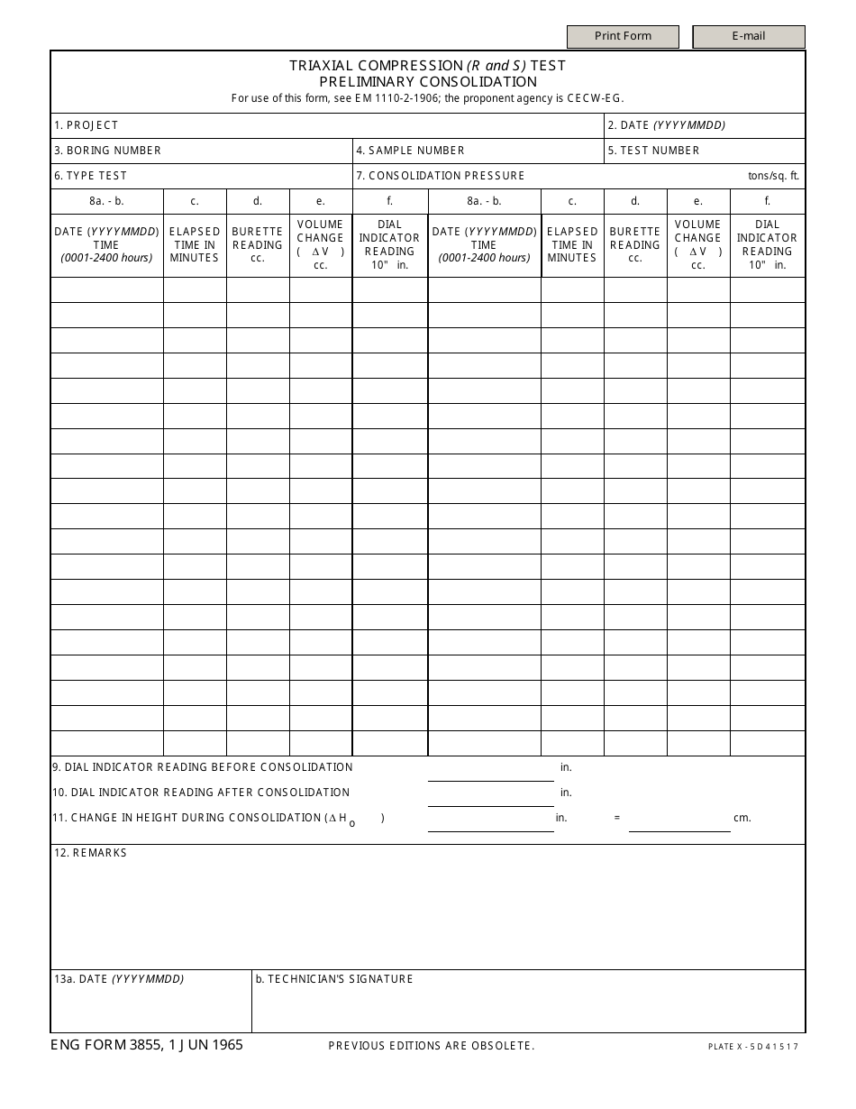 ENG Form 3855 Triaxial Compression (R and S) Test Preliminary Consolidation, Page 1
