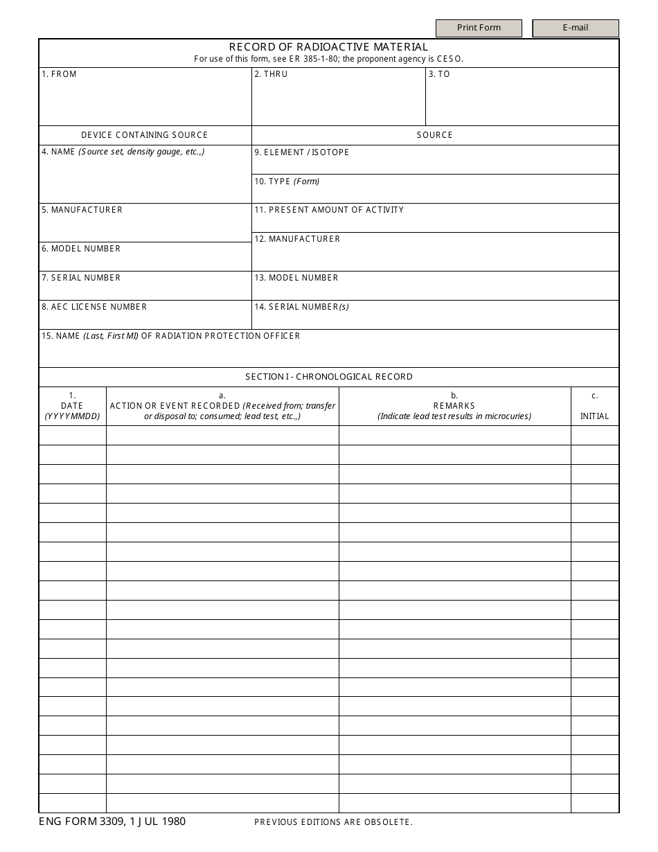 ENG Form 3309 Record of Radioactive Material, Page 1