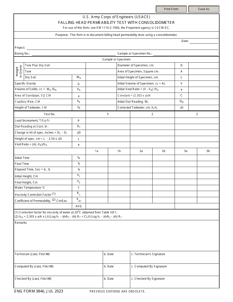 ENG Form 3846 Falling Head Permeability Test With Consolidometer, Page 1
