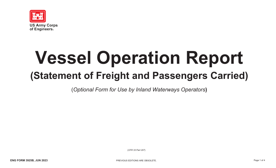 ENG Form 3925B Vessel Operation Report - Statement of Freight and Passenger Carried (Shallow Draft Inland Traffic), Page 1