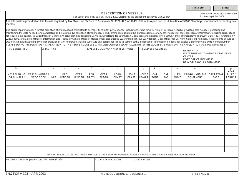 ENG Form 3931  Printable Pdf