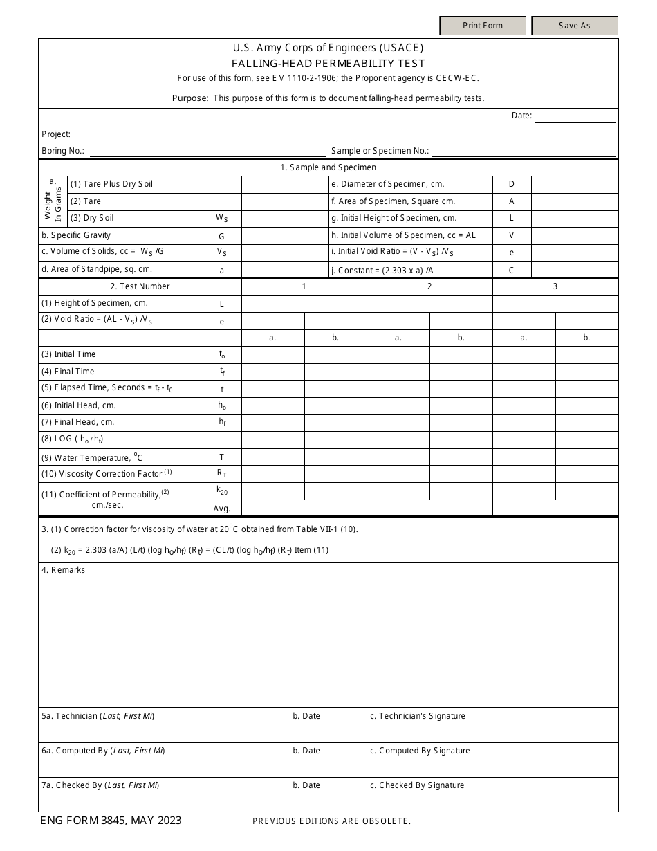 ENG Form 3845 Falling-Head Permeability Test, Page 1