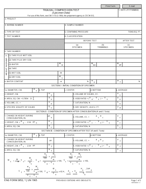 ENG Form 3852 Triaxial Compression Test (Specimen Data)