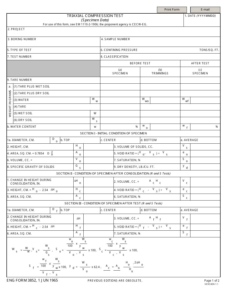 ENG Form 3852 Triaxial Compression Test (Specimen Data), Page 1