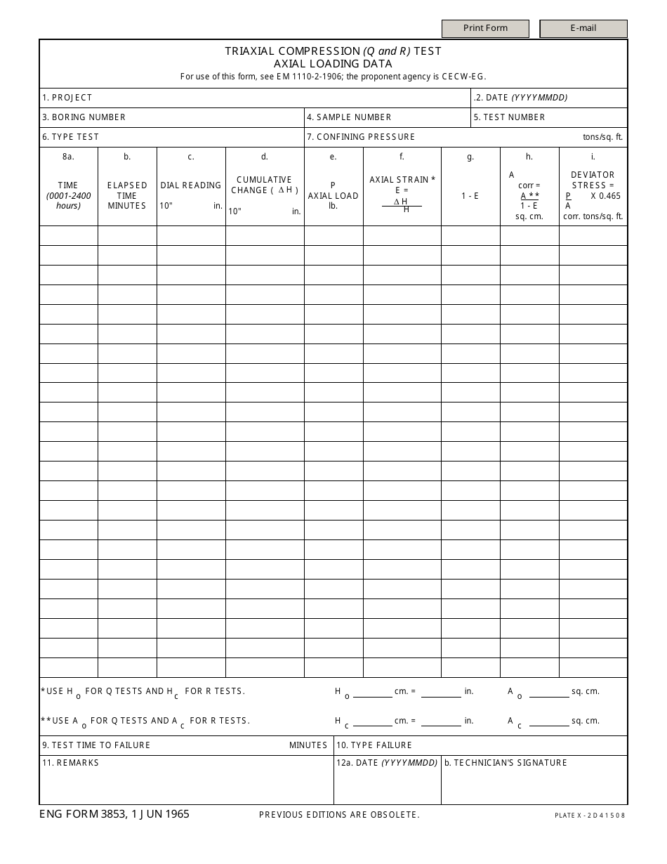 ENG Form 3853 Triaxial Compression (Q and R) Test Axial Loading Data, Page 1