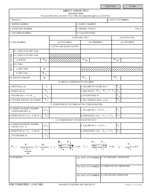 ENG Form 3850 Direct Shear Test (Specimen Data)