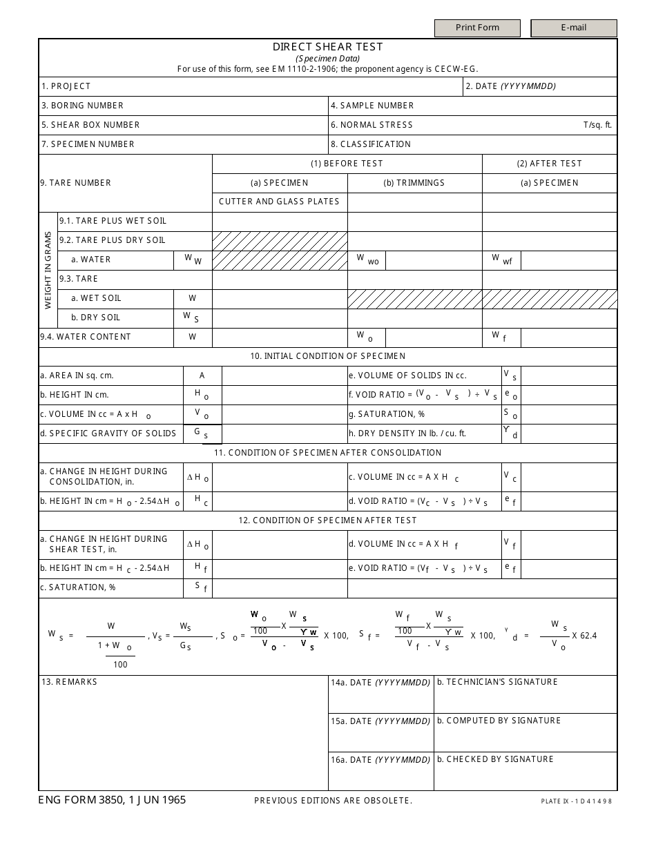 ENG Form 3850 Direct Shear Test (Specimen Data), Page 1