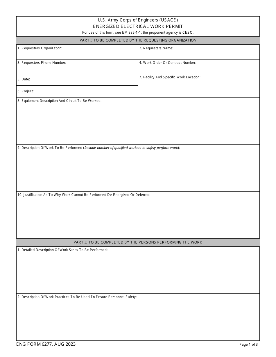 ENG Form 6277 Energized Electrical Work Permit, Page 1