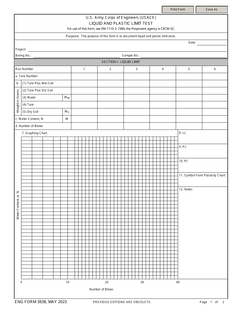 ENG Form 3838 Liquid and Plastic Limit Test, Page 1