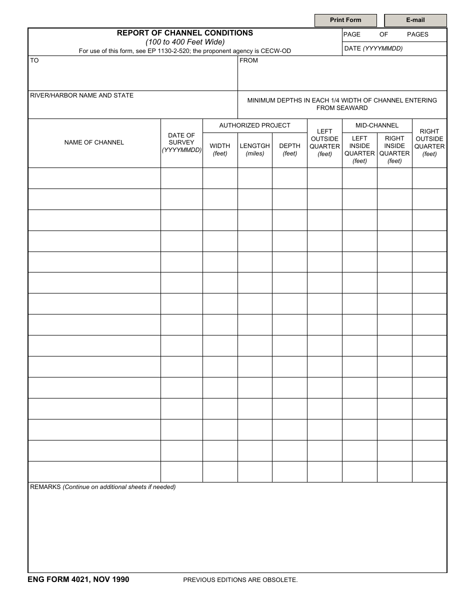 ENG Form 4021 Report of Channel Conditions (100 to 400 Feet Wide), Page 1