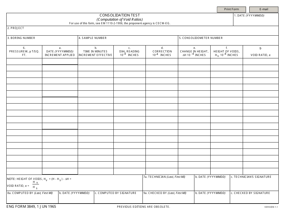 ENG Form 3849 Consolidation Test (Computation of Void Ratios), Page 1