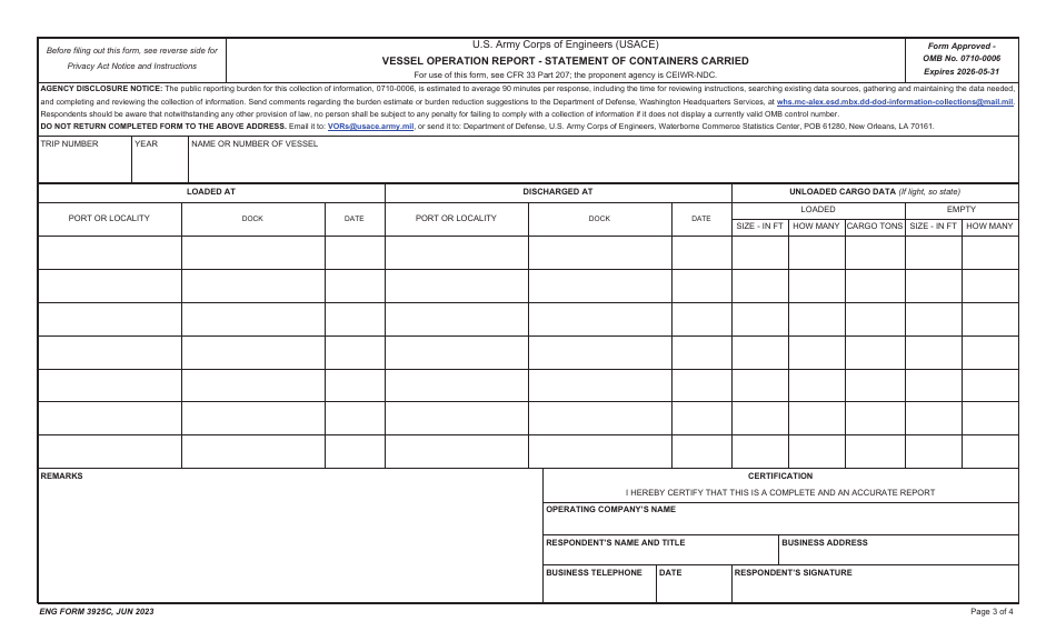 ENG Form 3925C Vessel Operation Report - Statement of Containers Carried, Page 3