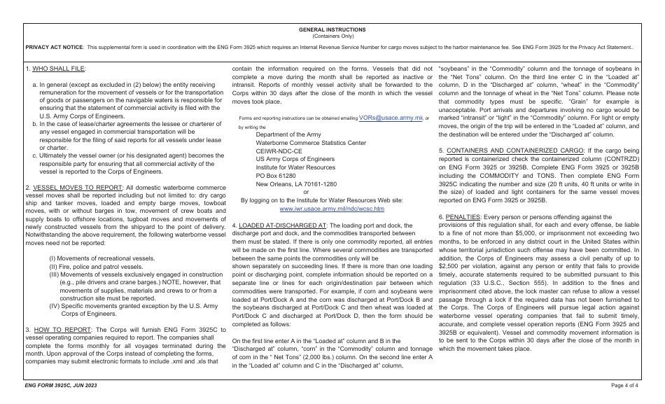 ENG Form 3925C Vessel Operation Report - Statement of Containers Carried, Page 4
