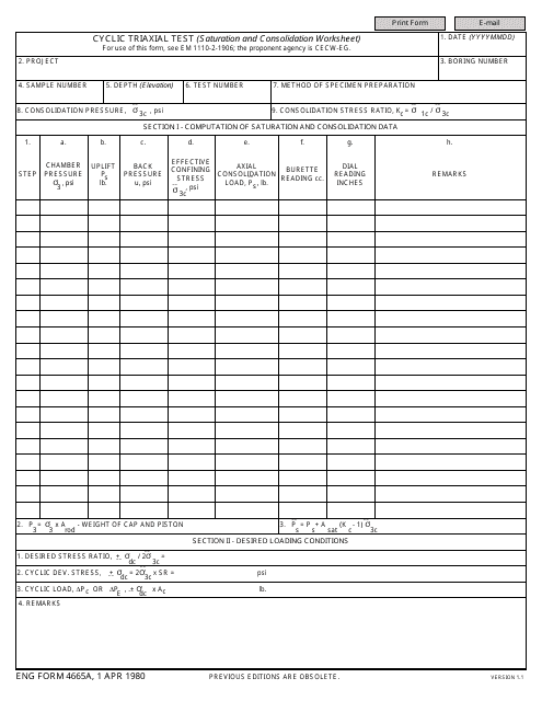 ENG Form 4665A Cyclic Triaxial Test (Saturation and Consolidation Worksheet)