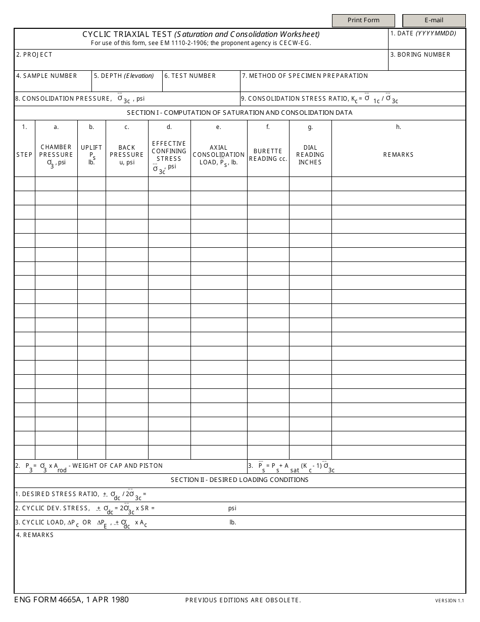 ENG Form 4665A Cyclic Triaxial Test (Saturation and Consolidation Worksheet), Page 1