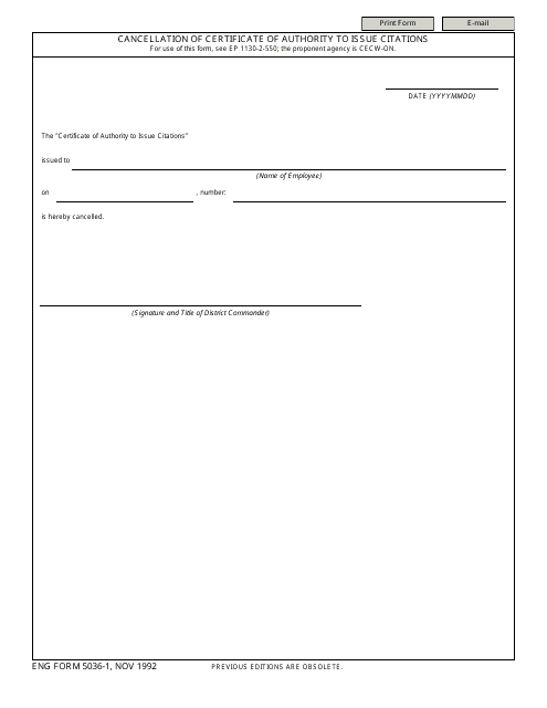 ENG Form 5036-1 Cancellation of Certificate of Authority to Issue Citations