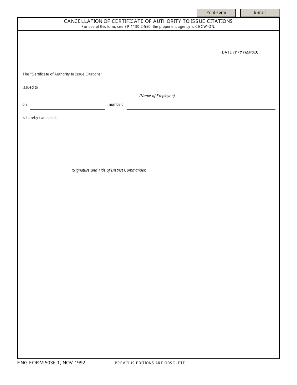 ENG Form 5036-1 Cancellation of Certificate of Authority to Issue Citations, Page 1