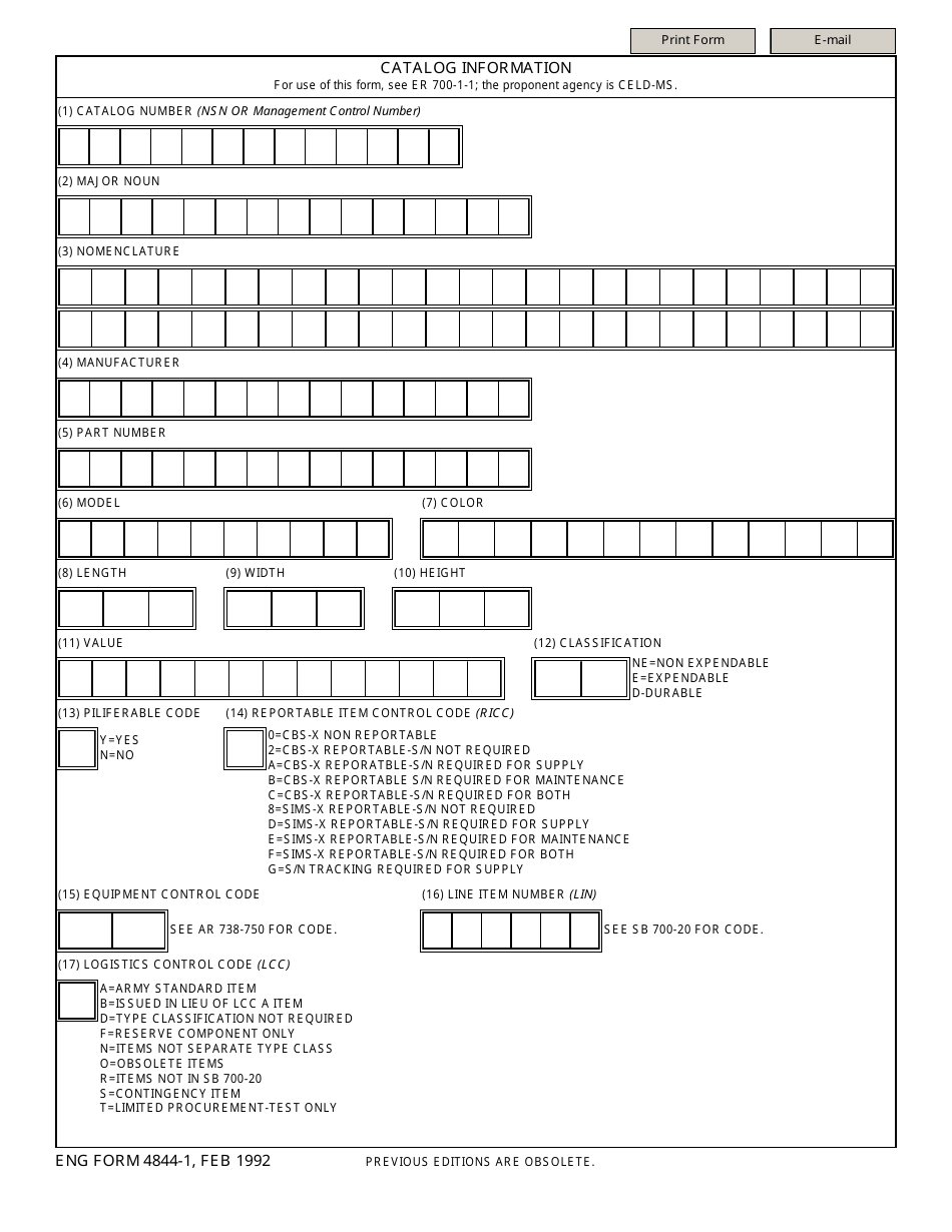 ENG Form 4844-1 Catalog Information, Page 1