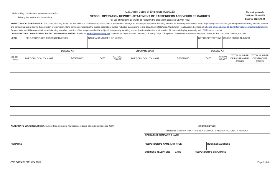ENG Form 3925P Vessel Operation Report - Statement of Passengers and Vehicles Carried, Page 3