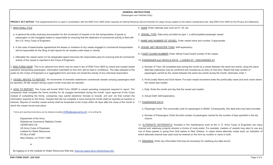 ENG Form 3925P Vessel Operation Report - Statement of Passengers and Vehicles Carried, Page 4