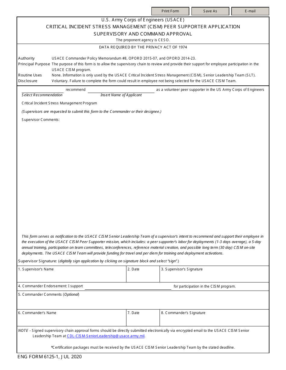 ENG Form 6125-1 Critical Incident Stress Management (Cism) Peer Supporter Application Supervisory and Command Approval, Page 1