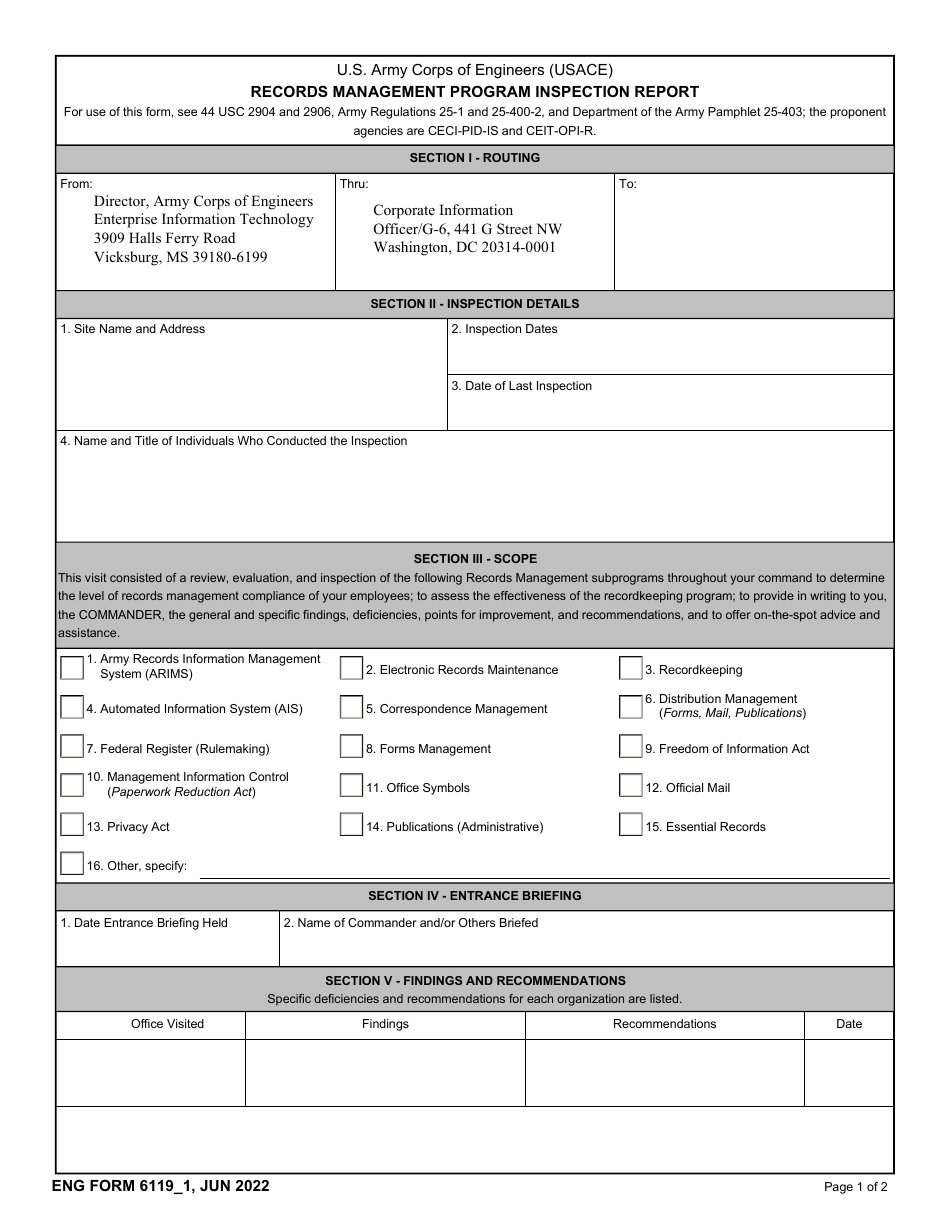 ENG Form 6119-1 Records Management Correspondence Checklist, Page 1