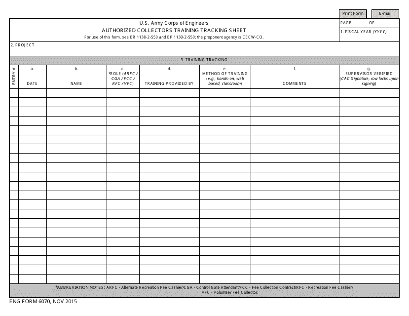 ENG Form 6070 Authorized Collectors Training Tracking Sheet