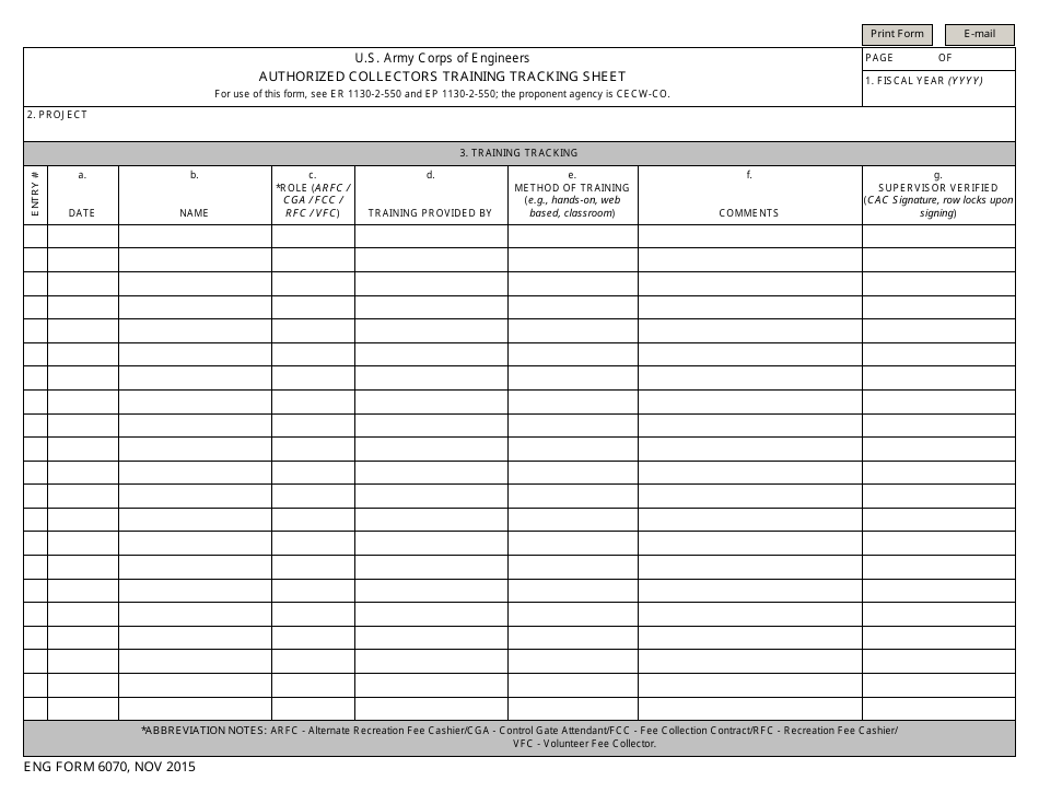 ENG Form 6070 Authorized Collectors Training Tracking Sheet, Page 1