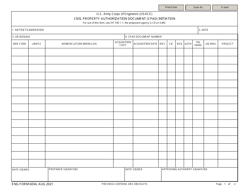 ENG Form 6034 Civil Property Authorization Document (Cpad) Initiation, Page 1