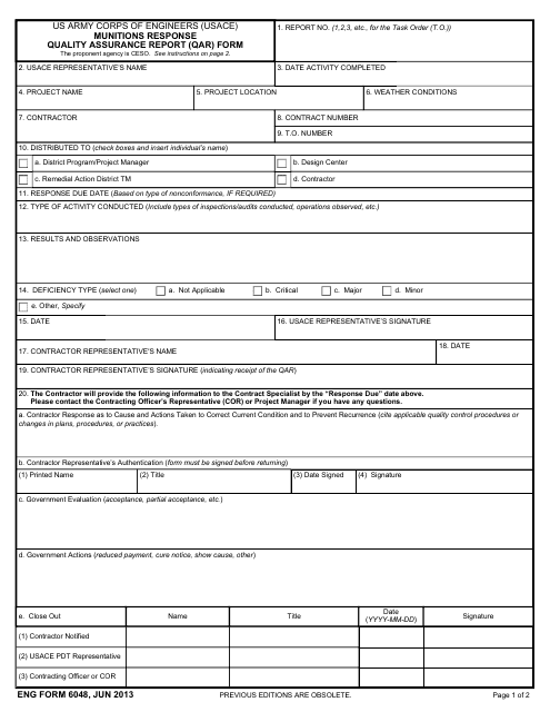 ENG Form 6048 Munitions Response Quality Assurance Report (Qar) Form