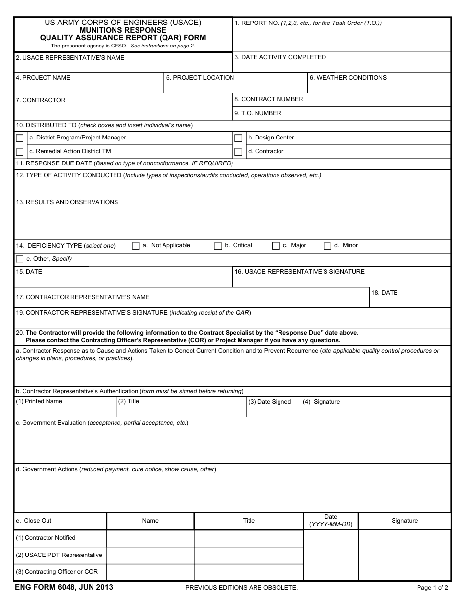 ENG Form 6048 Munitions Response Quality Assurance Report (Qar) Form, Page 1