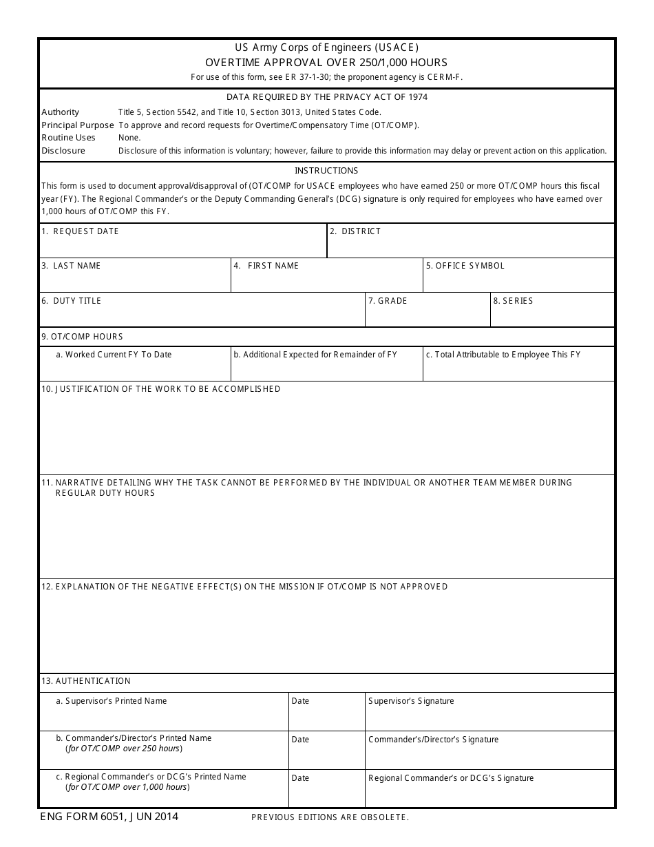 ENG Form 6051 Overtime Approval Over 250 / 1,000 Hours, Page 1