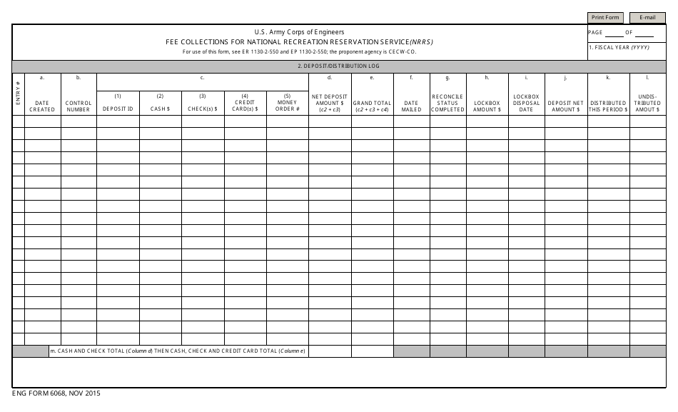 ENG Form 6068 Fee Collections for National Recreation Reservation Service (Nrrs), Page 1