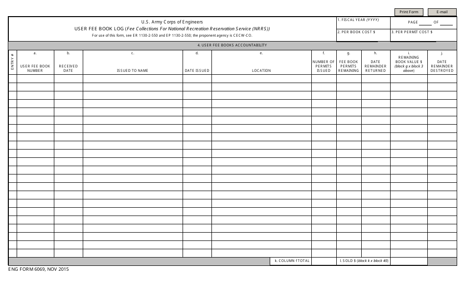 ENG Form 6069 User Fee Book Log (Fee Collections for National Recreation Reservation Service (Nrrs)), Page 1