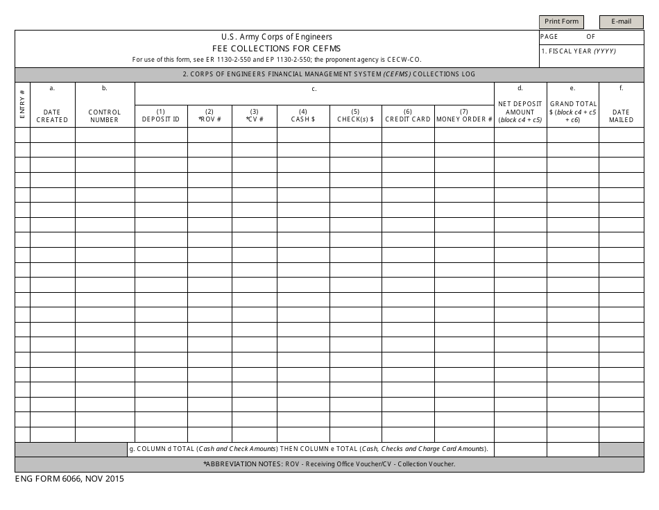 ENG Form 6066 Fee Collections for Cefms, Page 1
