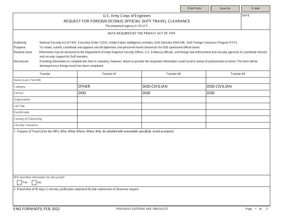 ENG Form 6073 Request for Foreign OCONUS Official Duty Travel Clearance, Page 1