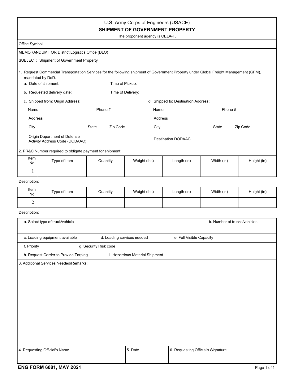 ENG Form 6081 Shipment of Government Property, Page 1