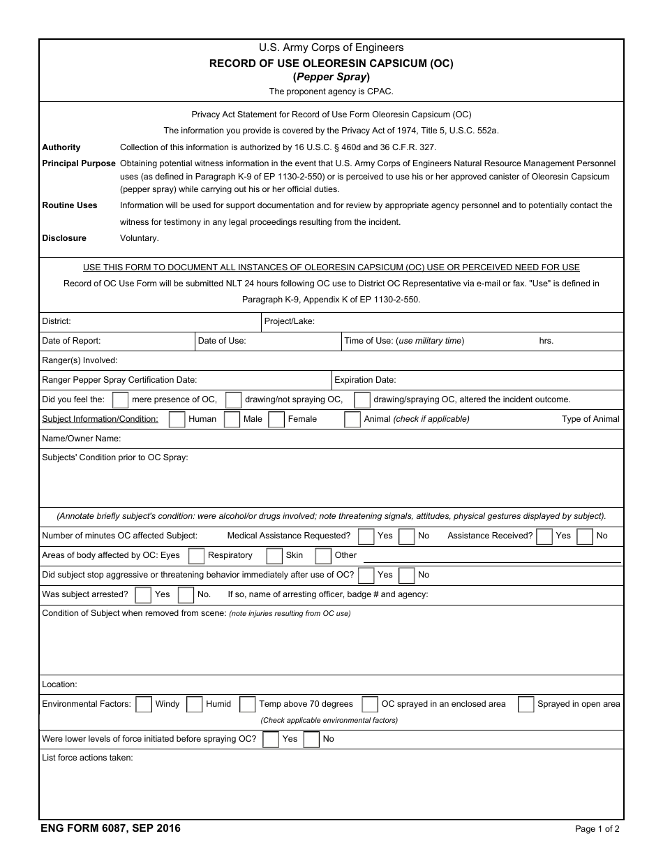 ENG Form 6087 Record of Use Oleoresin Capsicum (Oc) (Pepper Spray), Page 1