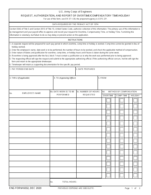 ENG Form 6032 Request, Authorization, and Report of Overtime/Compensatory Time/Holiday
