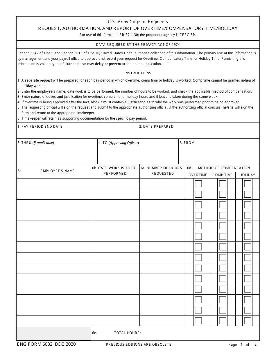 ENG Form 6032 Request, Authorization, and Report of Overtime / Compensatory Time / Holiday, Page 1