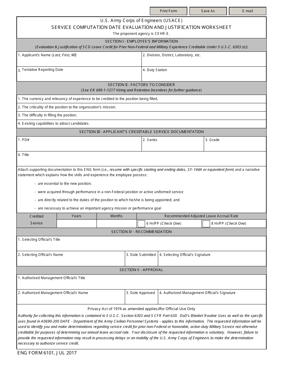 ENG Form 6101 Service Computation Date Evaluation and Justification Worksheet, Page 1