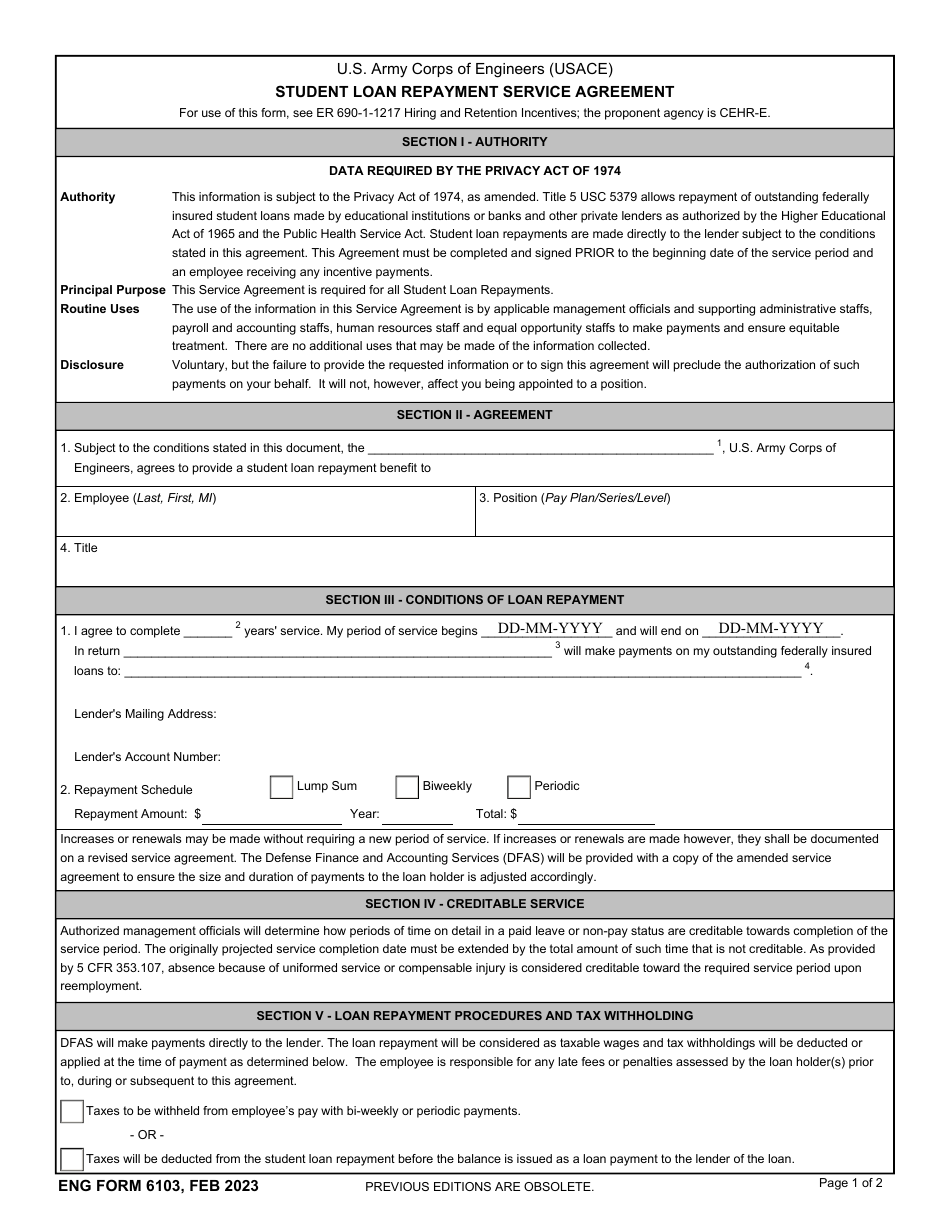 ENG Form 6103 Student Loan Repayment Service Agreement, Page 1