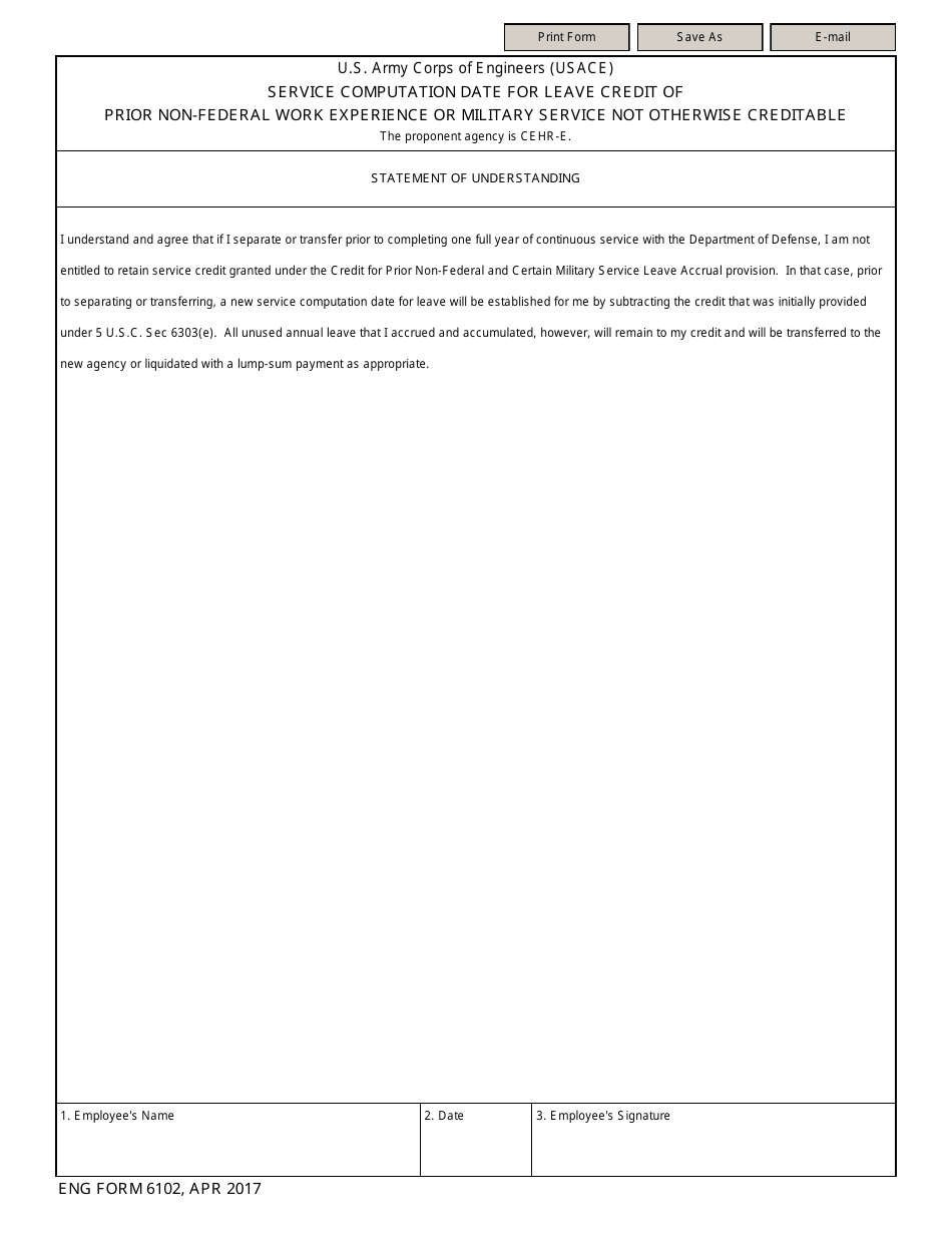 ENG Form 6102 Service Computation Date for Leave Credit of Prior Non-federal Work Experience or Military Service Not Otherwise Creditable, Page 1