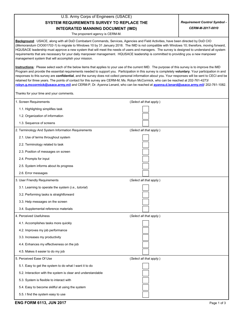 ENG Form 6113 System Requirements Survey to Replace the Integrated Manning Document (Imd), Page 1