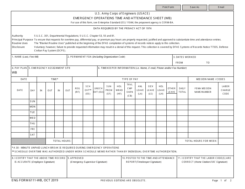 ENG Form 6111 Emergency Operations Time and Attendance Sheet (Wb)