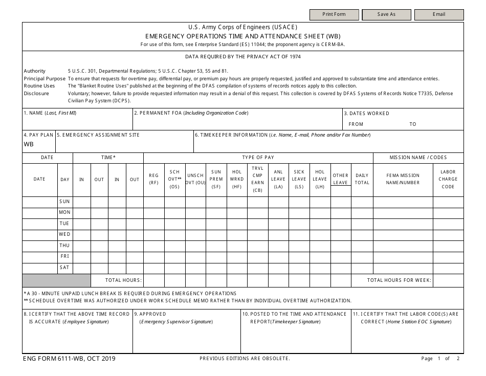 ENG Form 6111 Emergency Operations Time and Attendance Sheet (Wb), Page 1