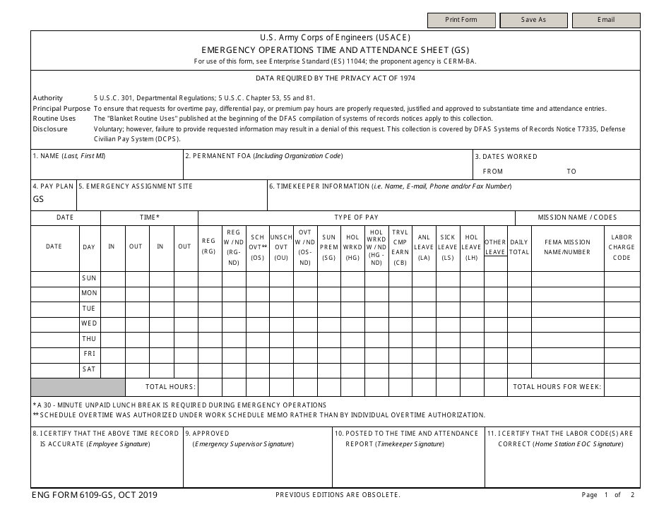 ENG Form 6109 Emergency Operations Time and Attendance Sheet (Gs), Page 1