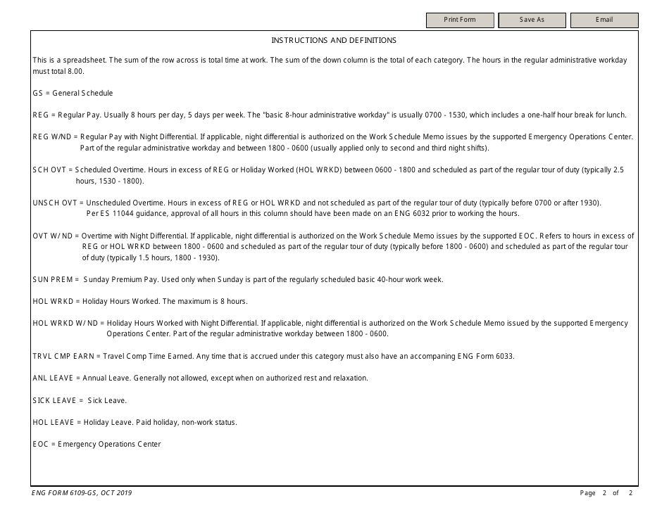 ENG Form 6109 Emergency Operations Time and Attendance Sheet (Gs), Page 2
