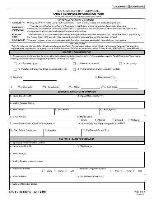 ENG Form 6037 Family Readiness Information Form